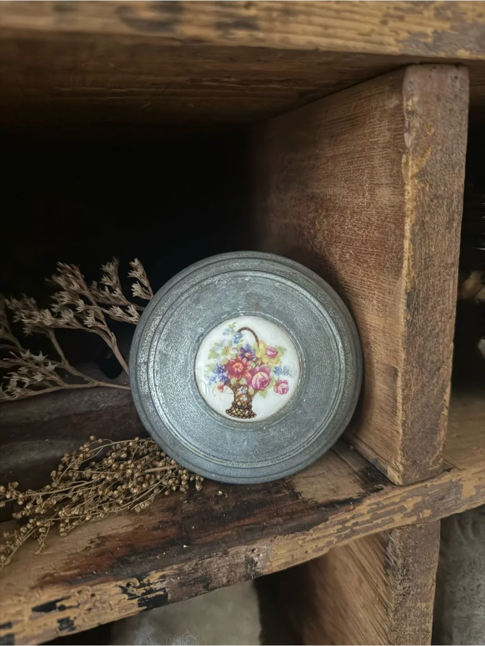 Vintage Floral Basket Ceramic/Porcelain Design Galvanized Lid Home Decor